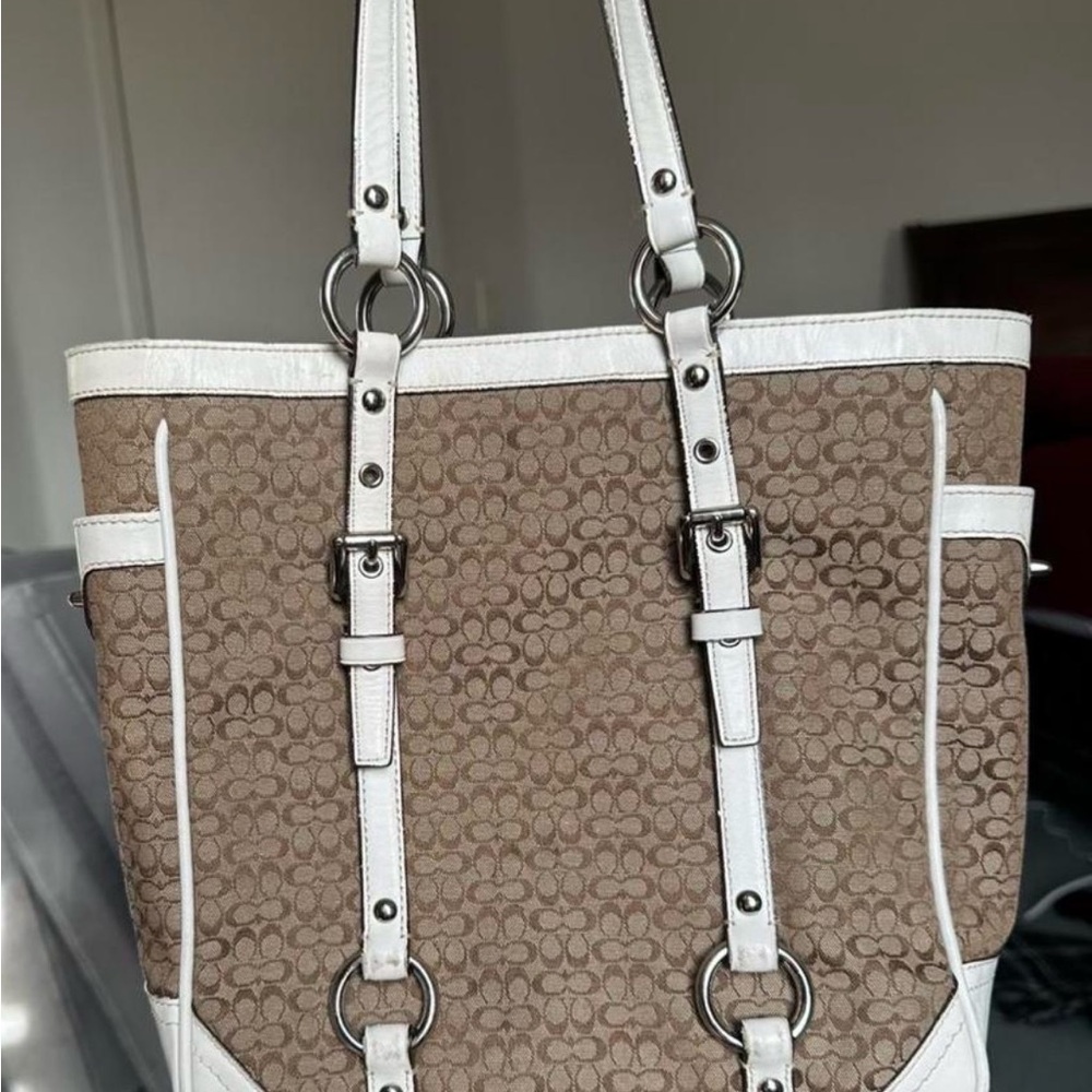 Coach Signature Canvas Tote in Brown with White Trim